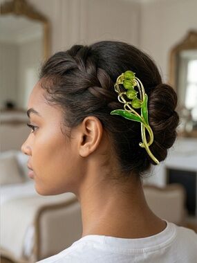 Lily of the Valley Green Enamel & Gold Plated Hair Clasp
